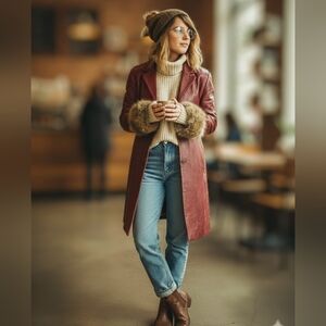 Vintage Italian Burgundy Leather Coat with Faux Fur Cuffs
